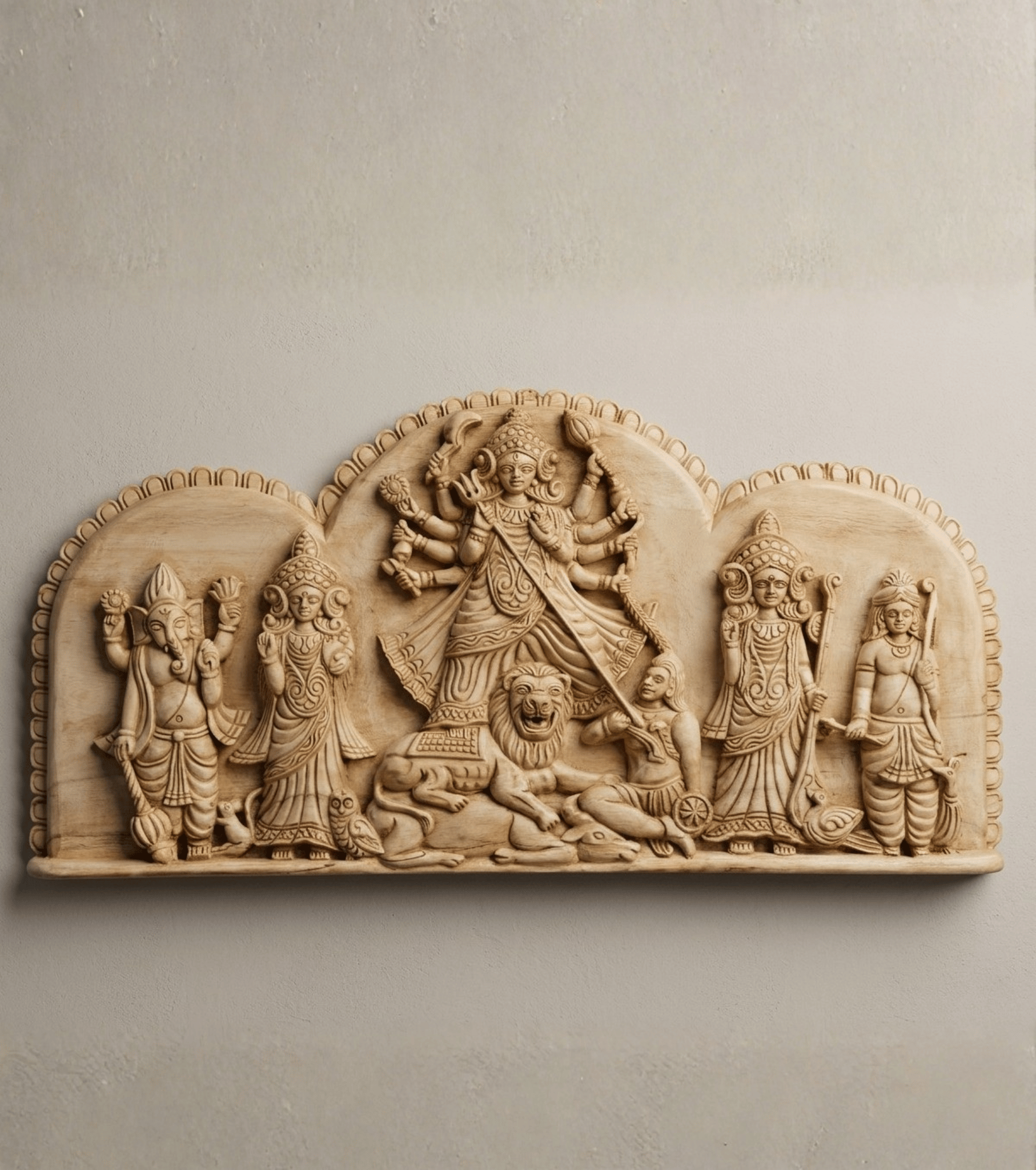 Handcrafted Wooden Maa Durga Family Wall Panel Premium Durga Parivar Sculpture Hand Carved Pure Wood 2 Feet Width