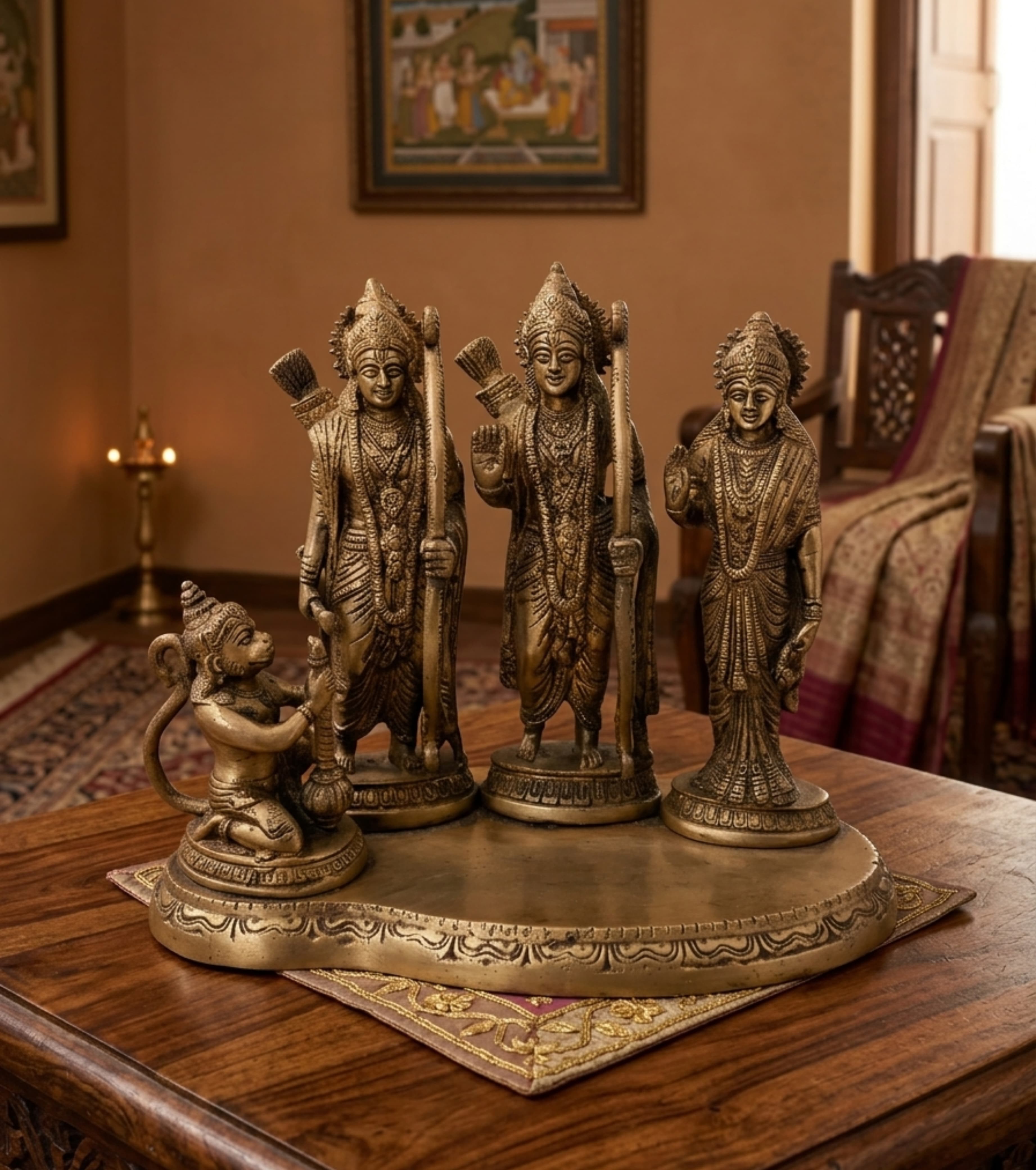 Premium Handcrafted Dokra Ram Darbar Sculpture (Rama, Sita, Lakshmana, Hanuman) – 7" Heritage Idol | Indi Temptation