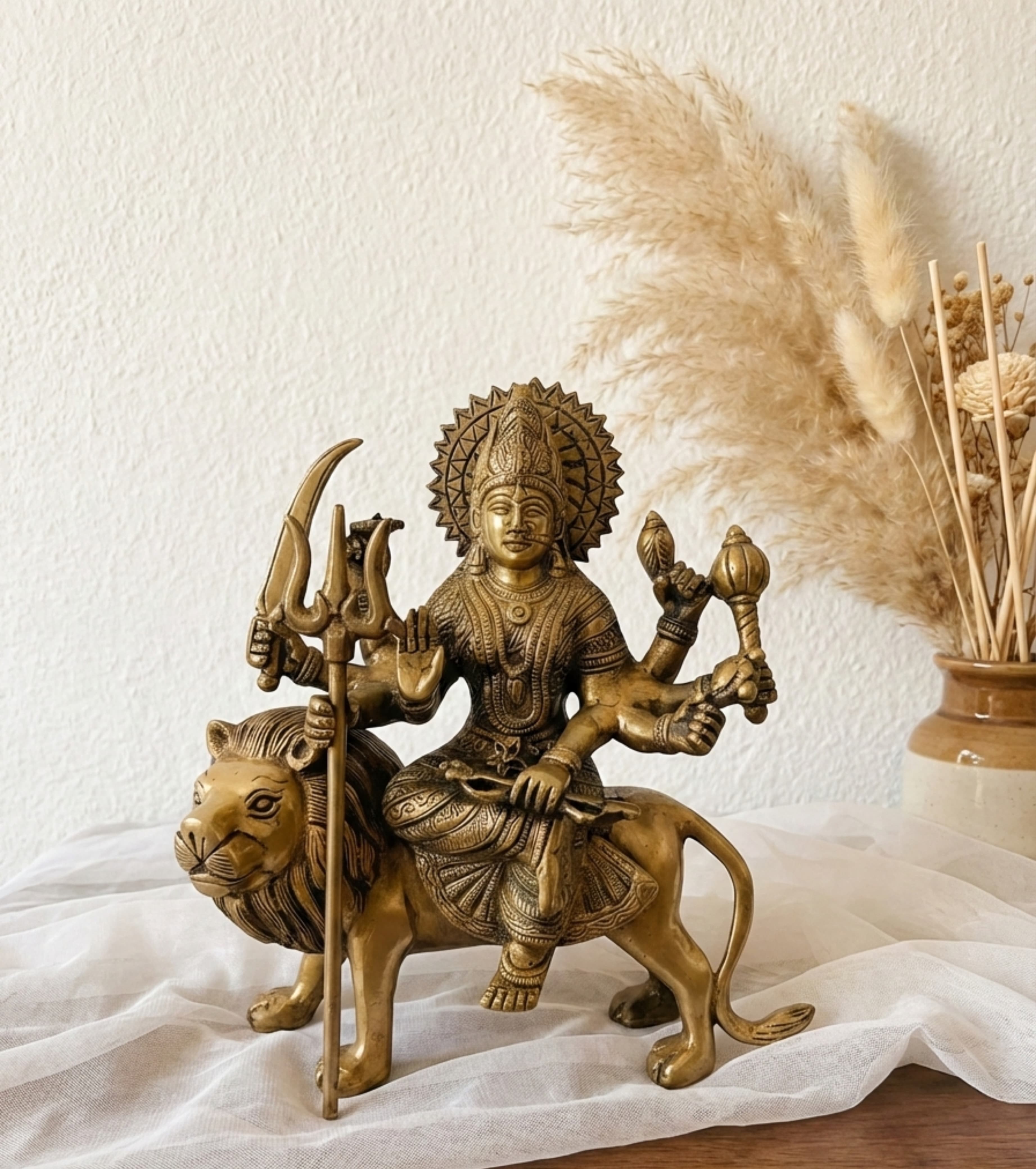 Premium Handcrafted Dokra Goddess Durga (Sherawali Mata) on Lion Sculpture – 9" Heritage Idol | Indi Temptation