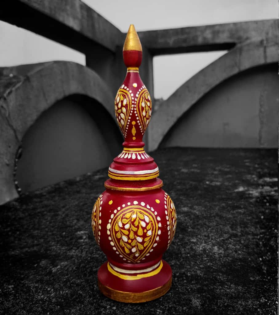 Premium Handcrafted Traditional Bengali Gach Kouto – 7.5" Red & Golden Wooden Bridal Accessory | Indi Temptation
