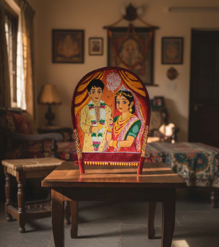 Premium Hand-Painted Bamboo Kulo (14"x11") – Ceremonial Borondala Platter with Bride & Groom Portrait Art | Indi Temptation