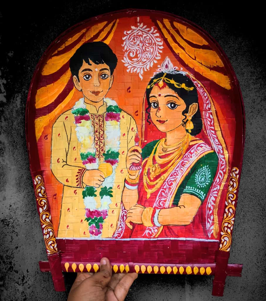 Premium Hand-Painted Bamboo Kulo (14"x11") – Ceremonial Borondala Platter with Bride & Groom Portrait Art | Indi Temptation