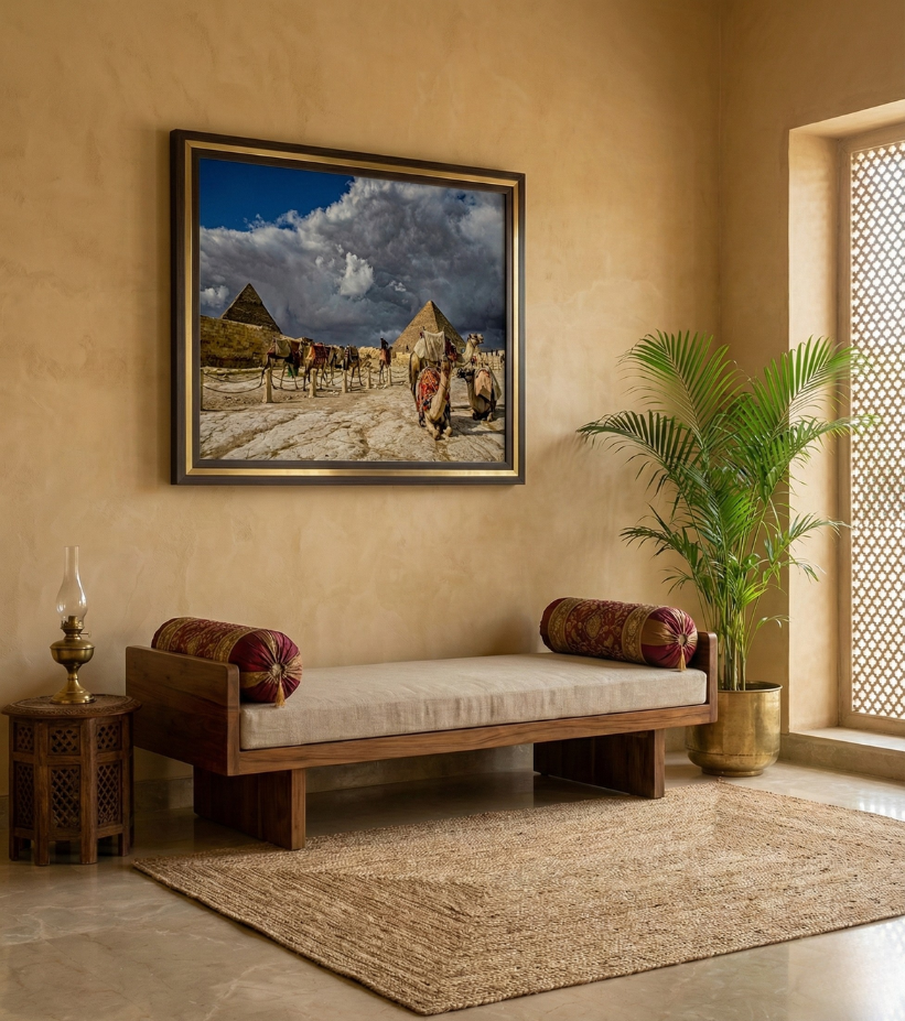 Premium Grand Wall Art – Echoes of Empire: Camels & Pyramids, Cairo by Sayantan Sengupta (18"x24") | Indi Temptation