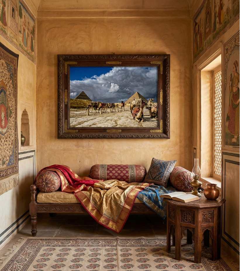 Premium Grand Wall Art – Echoes of Empire: Camels & Pyramids, Cairo by Sayantan Sengupta (18"x24") | Indi Temptation