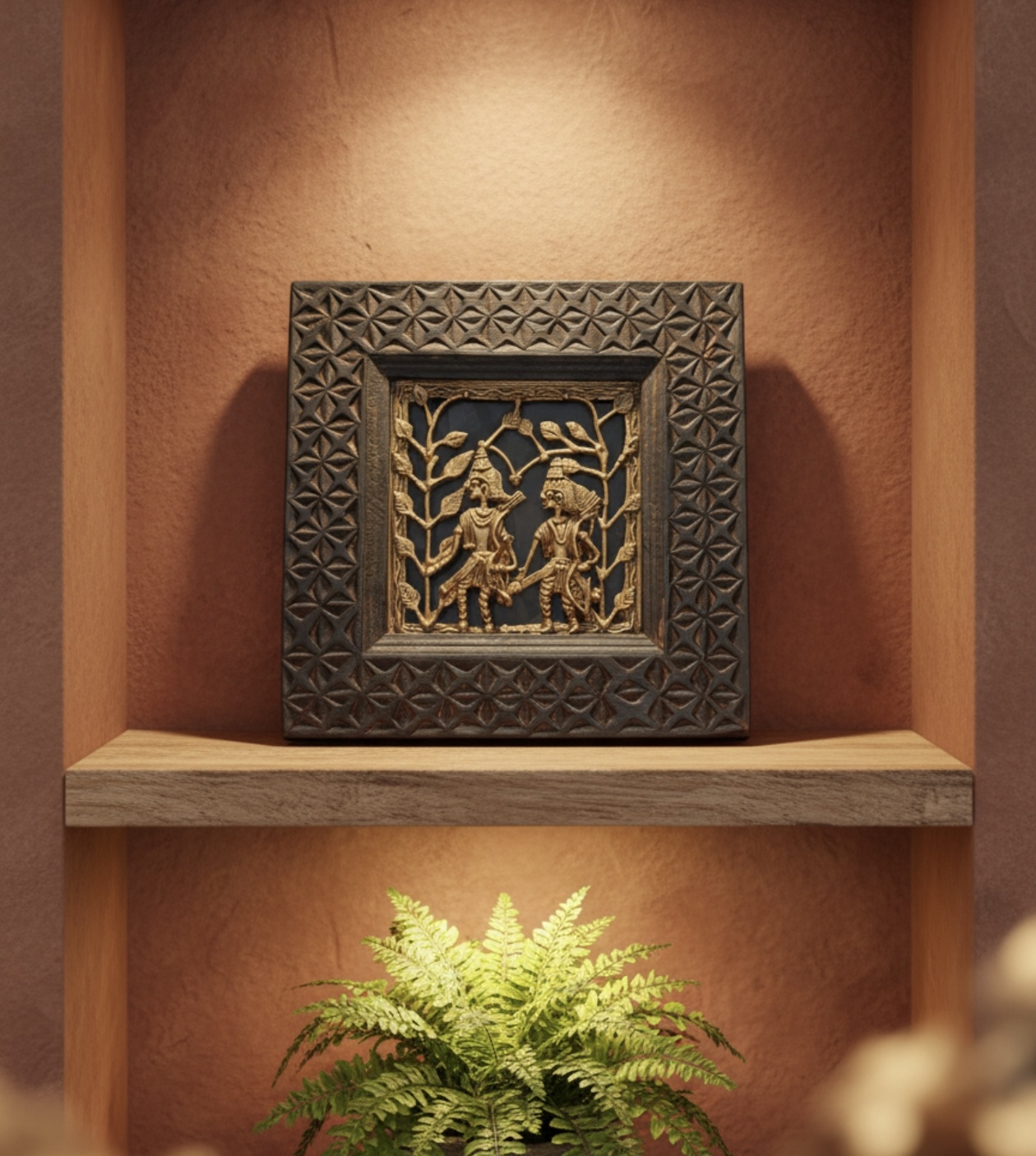 Handcrafted Dokra Folk Scene Wooden Frame (9 x 9 inches | 50 pcs)
