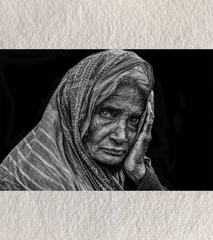 Premium Black & White Portrait Art – "The Silent Chronicle: Old Woman, Gangasagar" by Sayantan Sengupta (8"x12") | Indi Temptation