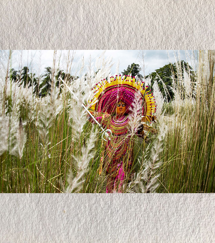 Premium Cultural Art Print – Warrior of Whimsy: Chhau Mask Dance in the Wild by Sayantan Sengupta (8"x12") | Indi Temptation