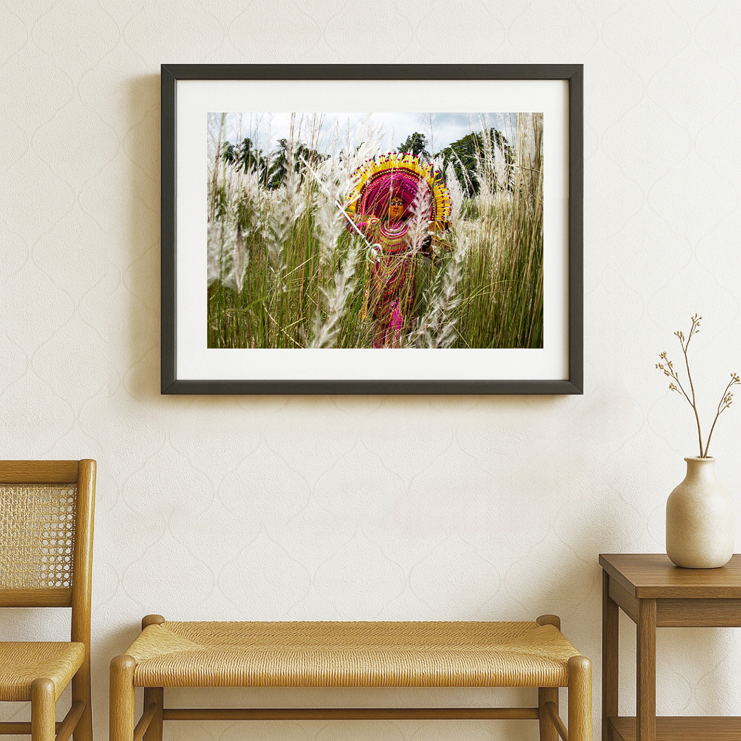 Premium Cultural Art Print – Warrior of Whimsy: Chhau Mask Dance in the Wild by Sayantan Sengupta (8"x12") | Indi Temptation