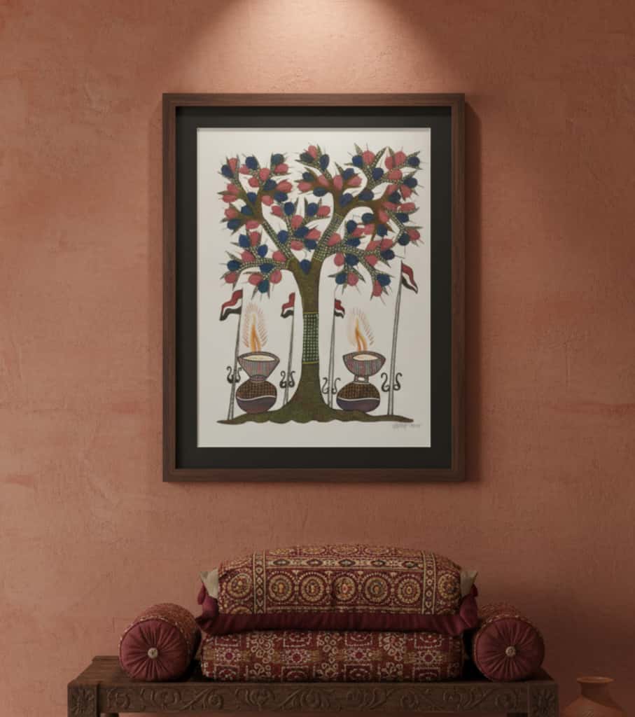 Authentic Handmade Gond Painting - Diwali Diyas & Tree of Worship (11" x 15") | Premium Tribal Folk Art | Indi Temptation