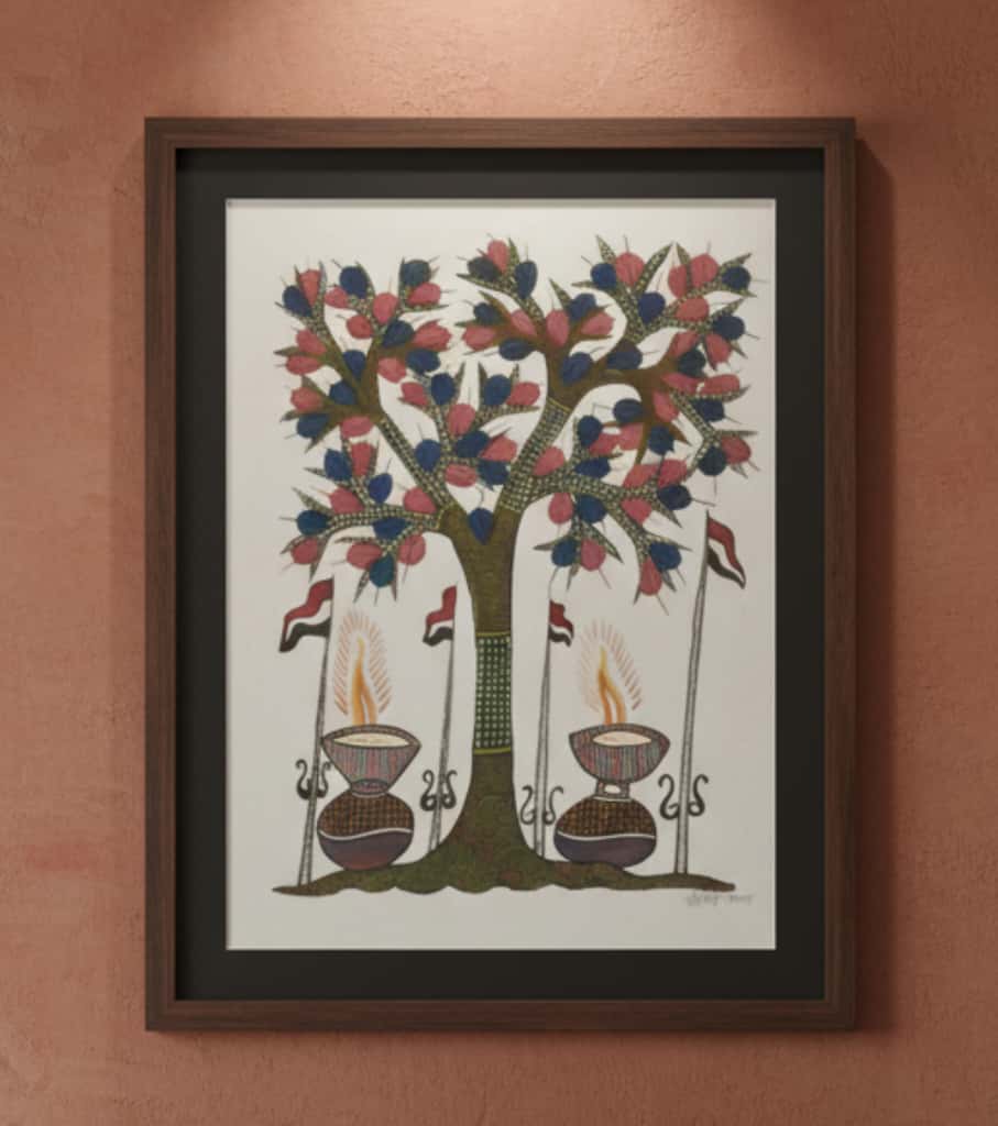 Authentic Handmade Gond Painting - Diwali Diyas & Tree of Worship (11" x 15") | Premium Tribal Folk Art | Indi Temptation