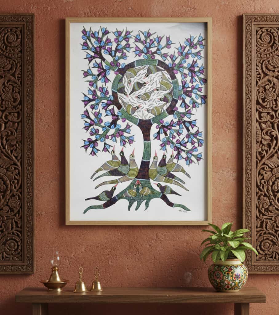 Authentic Gond Painting "Avian Tree Of Life" | Handmade Tribal Art with Circle of Birds (36" x 24") | Indi Temptation