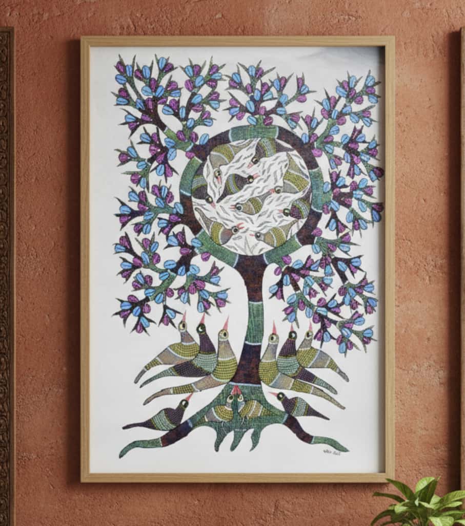 Authentic Gond Painting "Avian Tree Of Life" | Handmade Tribal Art with Circle of Birds (36" x 24") | Indi Temptation