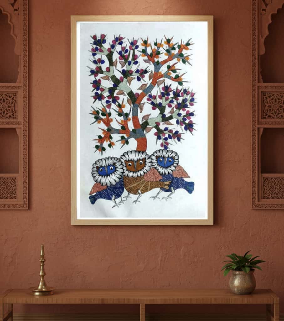 Authentic Gond Painting "Three Wise Owls" | Handmade Tribal Art (36" x 24") | Indi Temptation