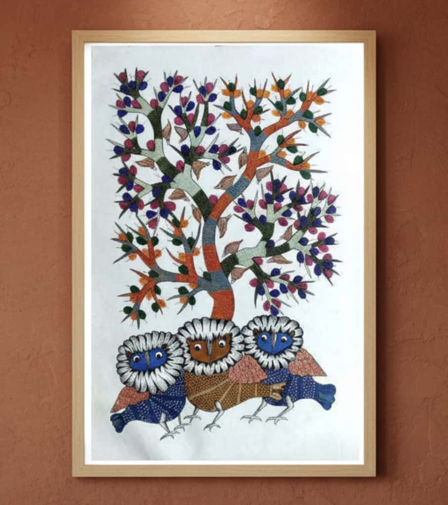 Authentic Gond Painting "Three Wise Owls" | Handmade Tribal Art (36" x 24") | Indi Temptation