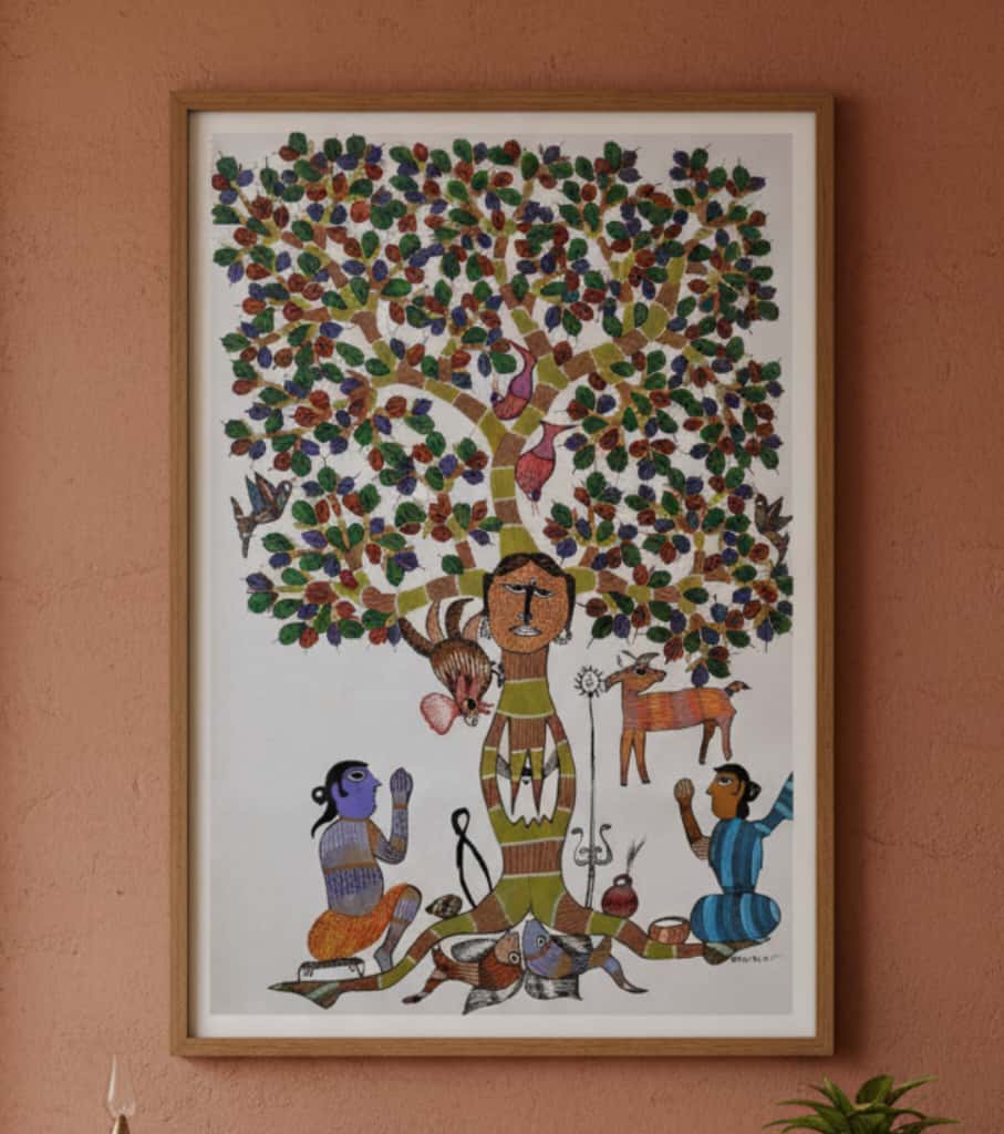 Authentic Handmade Gond Painting "Sacred Tree Worship" | Premium Tribal Art (36" x 24") | Indi Temptation