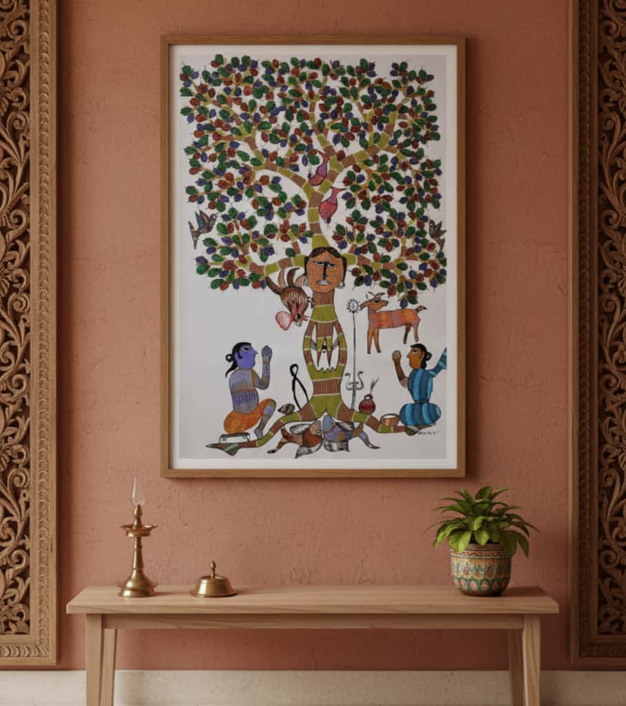 Authentic Handmade Gond Painting "Sacred Tree Worship" | Premium Tribal Art (36" x 24") | Indi Temptation