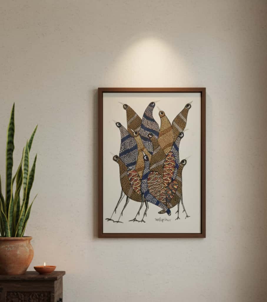 Authentic Gond Painting "Cluster of Birds" | Handmade Tribal Folk Art (11" x 15") | Indi Temptation