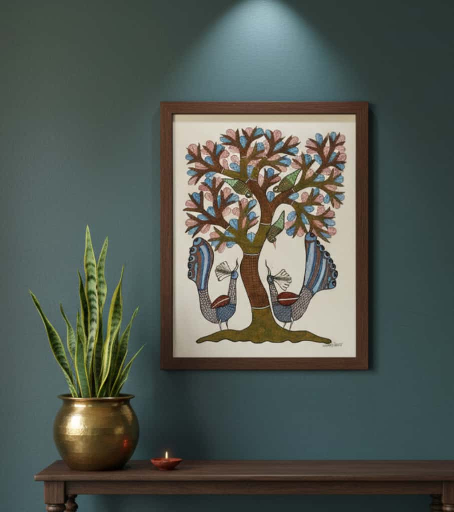 Authentic Gond Painting "Peacock & Tree of Life" | Handmade Tribal Folk Art (11" x 15") | Indi Temptation