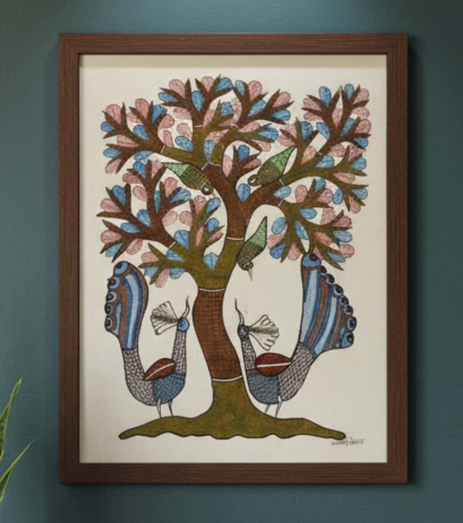 Authentic Gond Painting "Peacock & Tree of Life" | Handmade Tribal Folk Art (11" x 15") | Indi Temptation