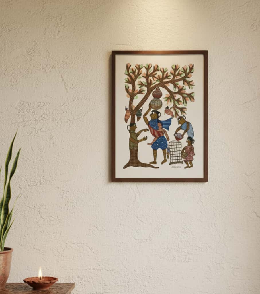 Authentic Gond Painting "Tribal Daily Life & Tree of Life" | Handmade Indian Folk Art (11" x 15") | Indi Temptation