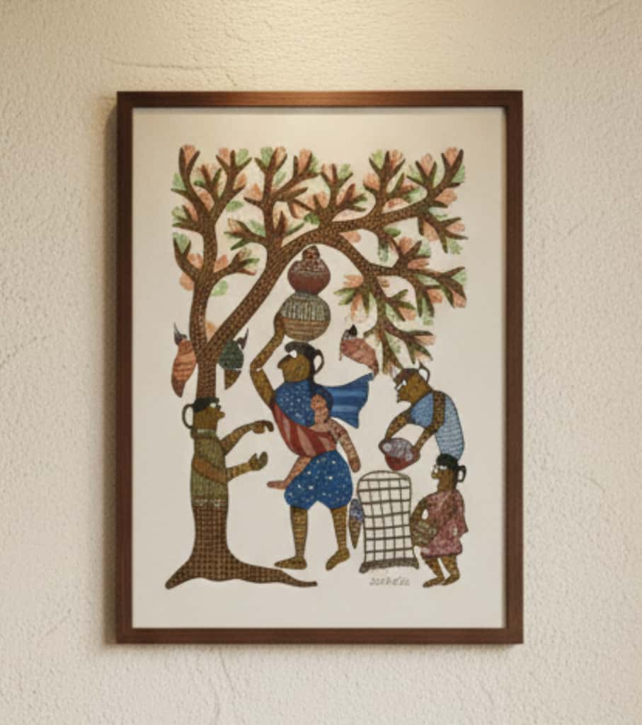 Authentic Gond Painting "Tribal Daily Life & Tree of Life" | Handmade Indian Folk Art (11" x 15") | Indi Temptation