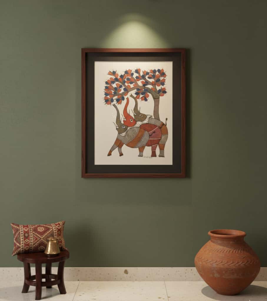 Authentic Gond Painting "Affectionate Elephants Under Tree" | Handmade Indian Folk Art (11" x 15") | Indi Temptation