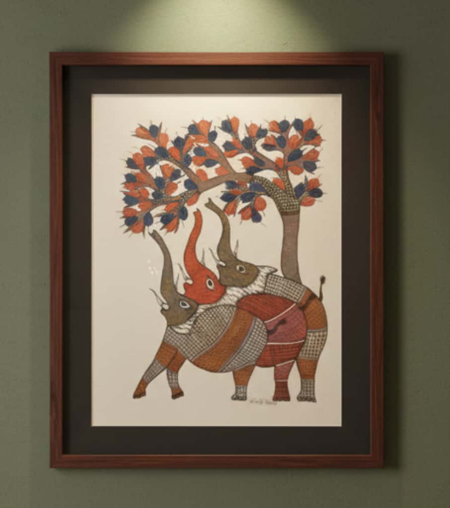 Authentic Gond Painting "Affectionate Elephants Under Tree" | Handmade Indian Folk Art (11" x 15") | Indi Temptation