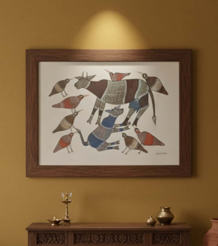 Authentic Handmade Gond Painting: Cow, Calf & Flock of Birds | Premium Tribal Folk Art (11" x 15") | Indi Temptation