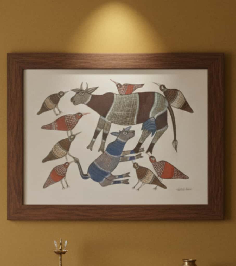 Authentic Handmade Gond Painting: Cow, Calf & Flock of Birds | Premium Tribal Folk Art (11" x 15") | Indi Temptation