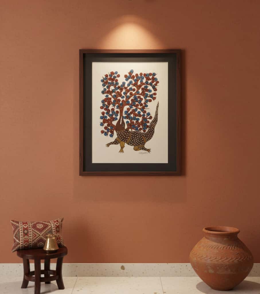 Authentic Gond Painting: Crocodile & The Vibrant Tree | Handmade Tribal Folk Art (11" x 15") | Indi Temptation