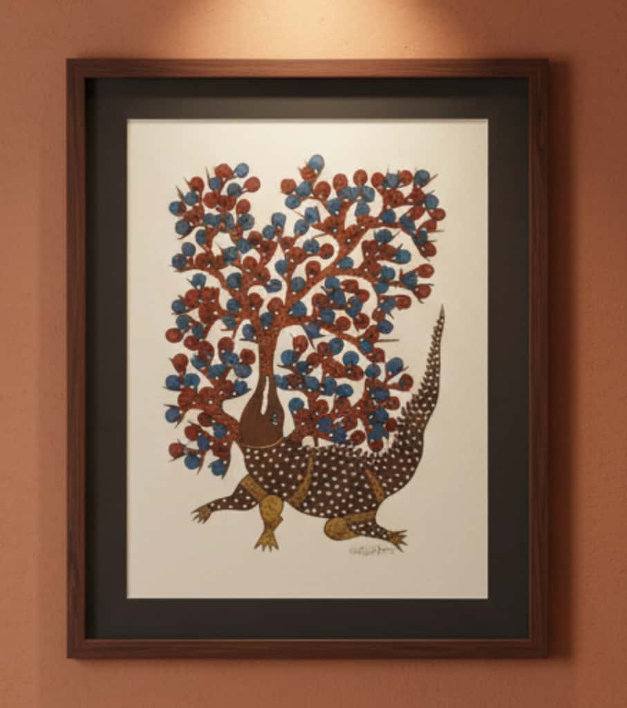 Authentic Gond Painting: Crocodile & The Vibrant Tree | Handmade Tribal Folk Art (11" x 15") | Indi Temptation