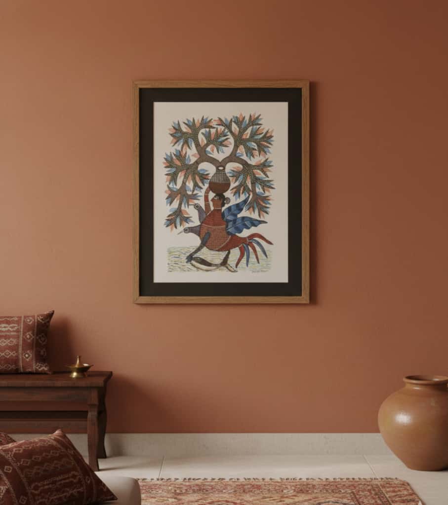 Authentic Gond Painting: Decorated Elephant & Bird Under Tree | Handmade Tribal Folk Art (11" x 15") | Indi Temptation