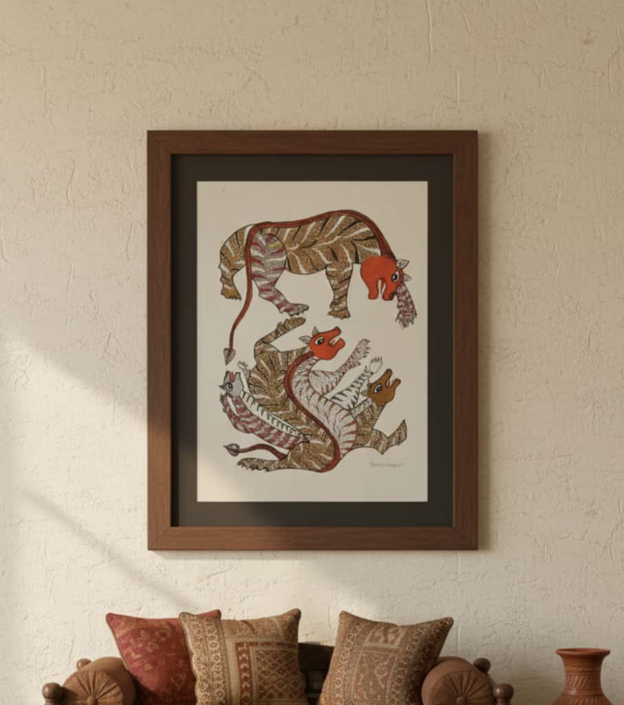 Authentic Gond Painting: Dynamic Tiger-Striped Mythical Creatures | Handmade Tribal Folk Art (11" x 15") | Indi Temptation