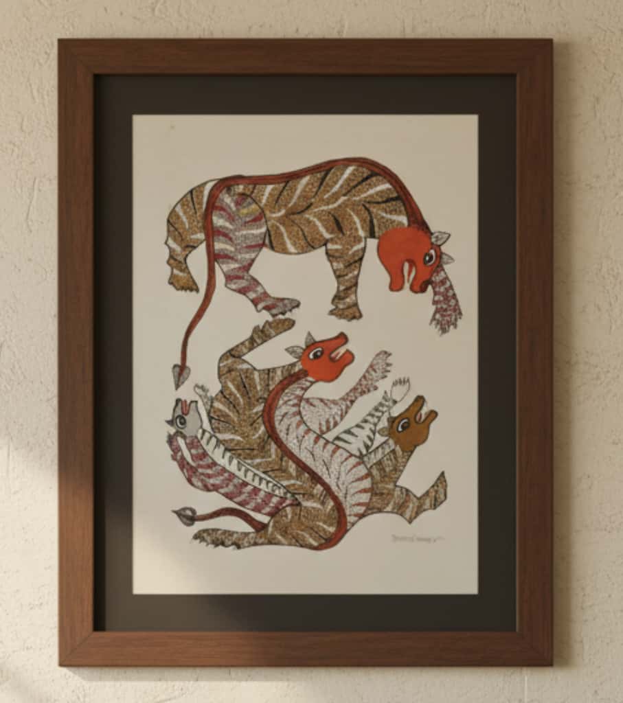 Authentic Gond Painting: Dynamic Tiger-Striped Mythical Creatures | Handmade Tribal Folk Art (11" x 15") | Indi Temptation