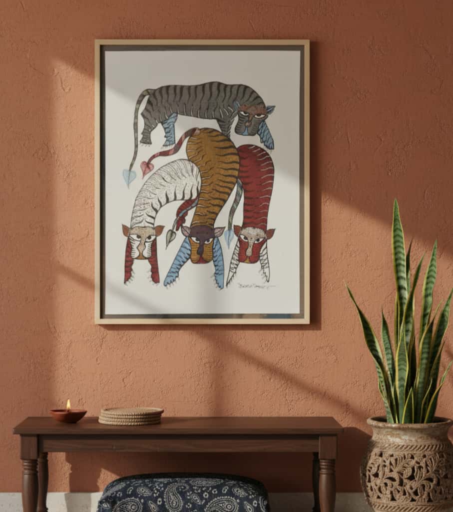 Authentic Gond Painting of Four Stylized Tigers | Handmade Tribal Folk Art (11" x 15") | Indi Temptation