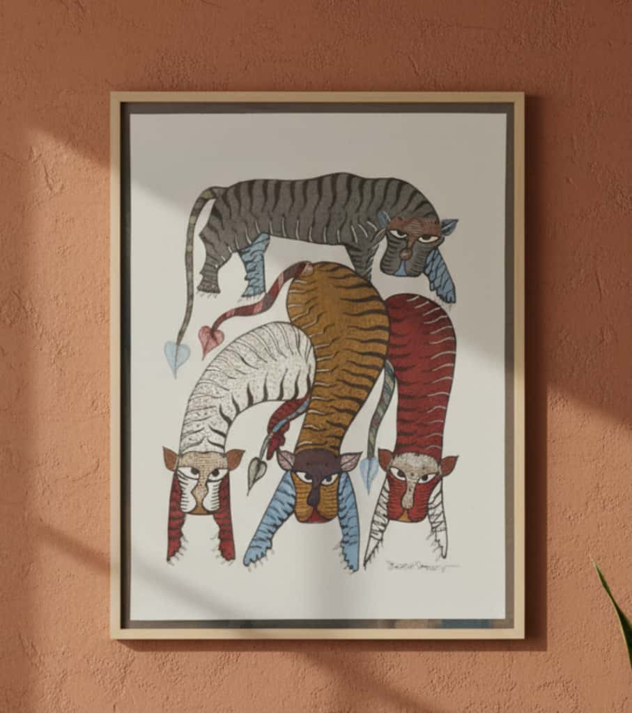 Authentic Gond Painting of Four Stylized Tigers | Handmade Tribal Folk Art (11" x 15") | Indi Temptation