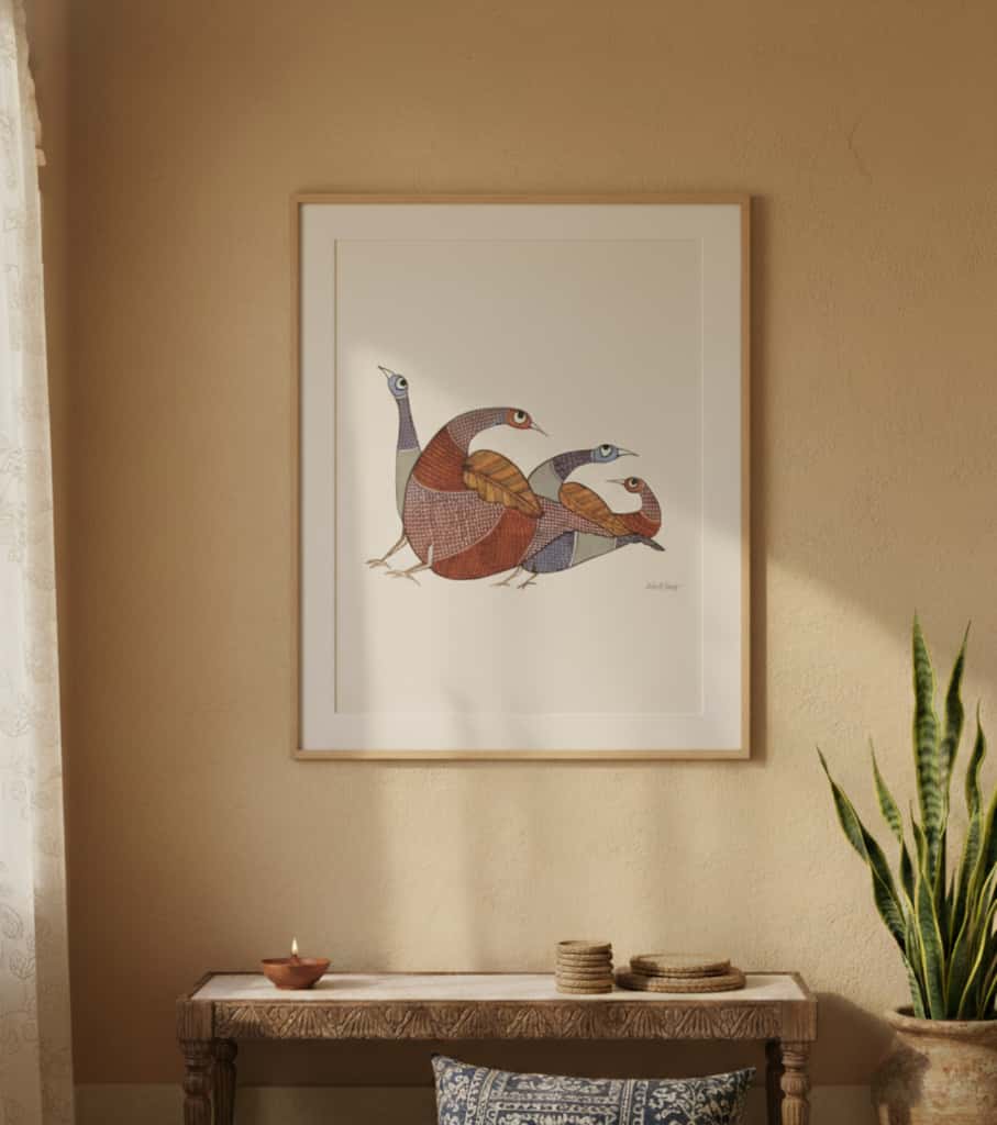 Authentic Gond Painting: "Group of Stylized Birds" | Handmade Tribal Folk Art (11" x 15") | Indi Temptation