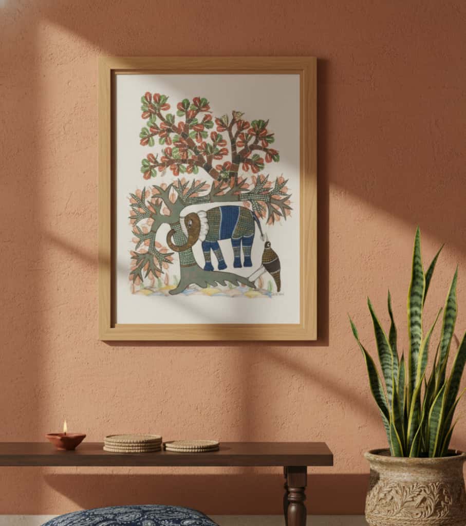Authentic Gond Painting: "Majestic Elephant & Forest Scene" | Handmade Tribal Folk Art (11" x 15") | Indi Temptation