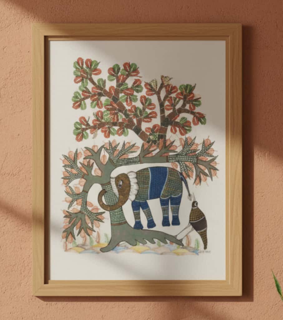 Authentic Gond Painting: "Majestic Elephant & Forest Scene" | Handmade Tribal Folk Art (11" x 15") | Indi Temptation