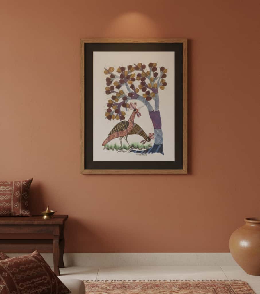 Authentic Gond Painting: Pair of Birds Under the Tree of Life | Handmade Tribal Folk Art (11" x 15") | Indi Temptation