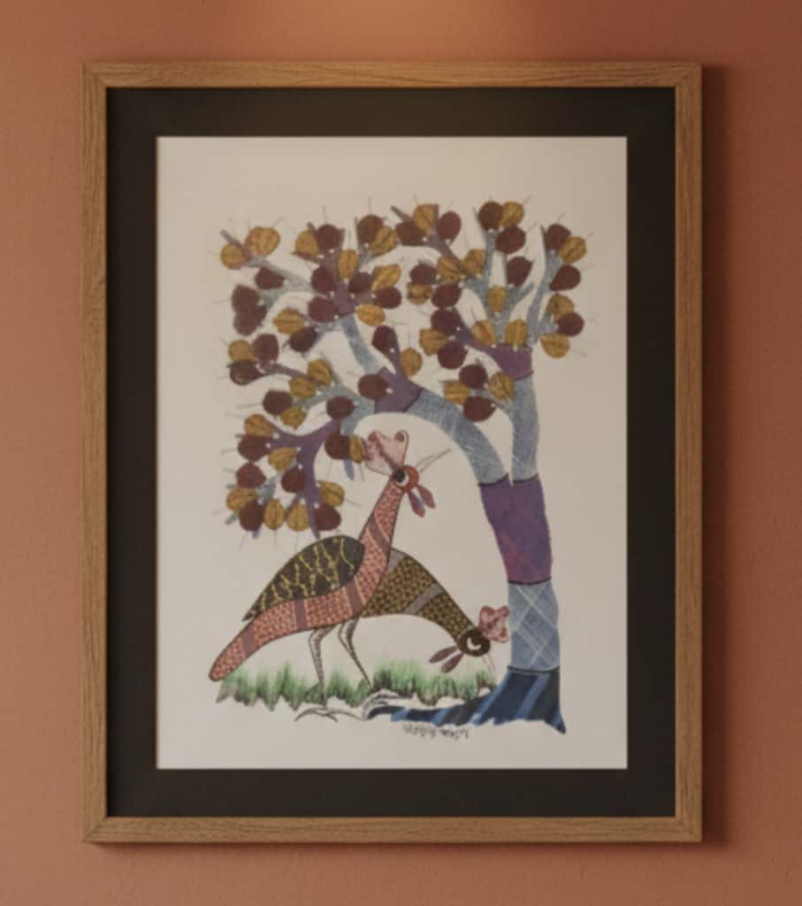 Authentic Gond Painting: Pair of Birds Under the Tree of Life | Handmade Tribal Folk Art (11" x 15") | Indi Temptation