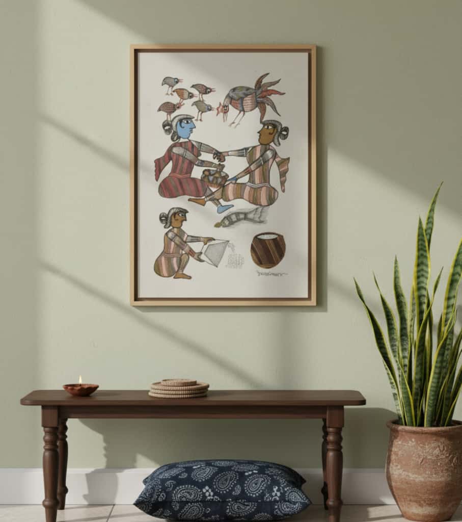 Authentic Gond Painting: Tribal Community & Daily Life | Premium Handmade Folk Art (11" x 15") | Indi Temptation