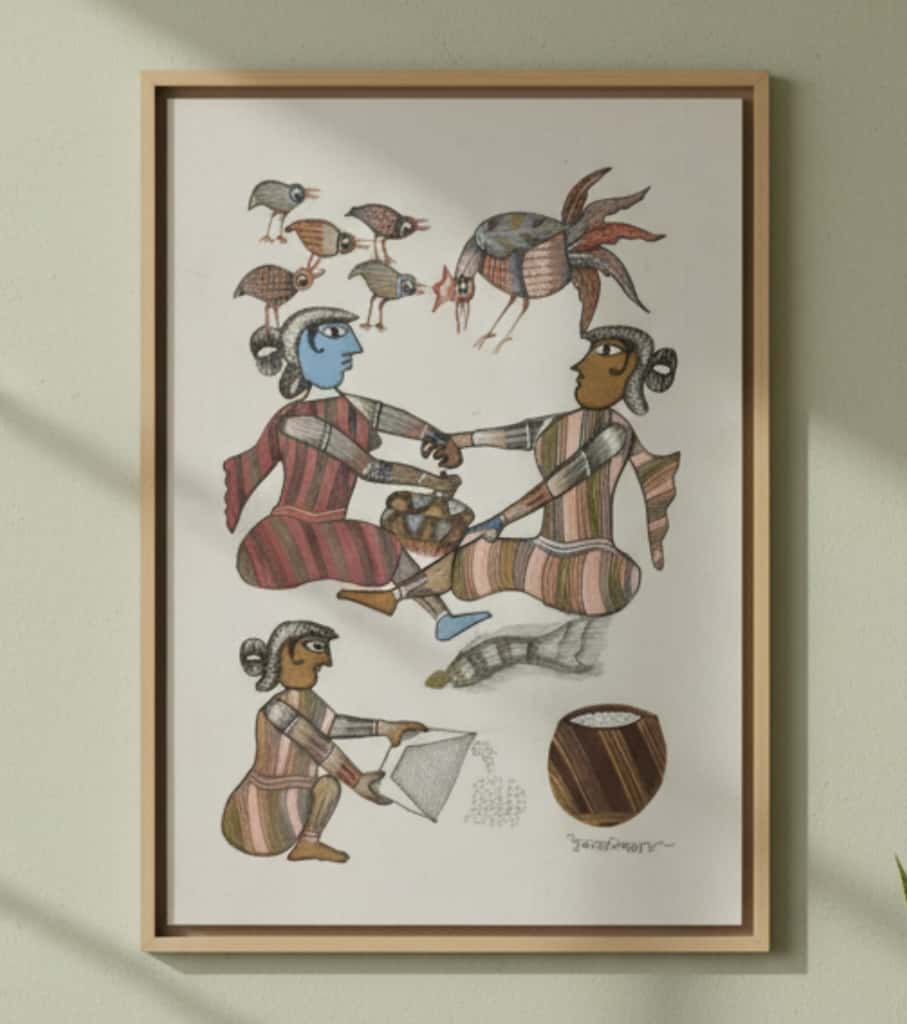 Authentic Gond Painting: Tribal Community & Daily Life | Premium Handmade Folk Art (11" x 15") | Indi Temptation