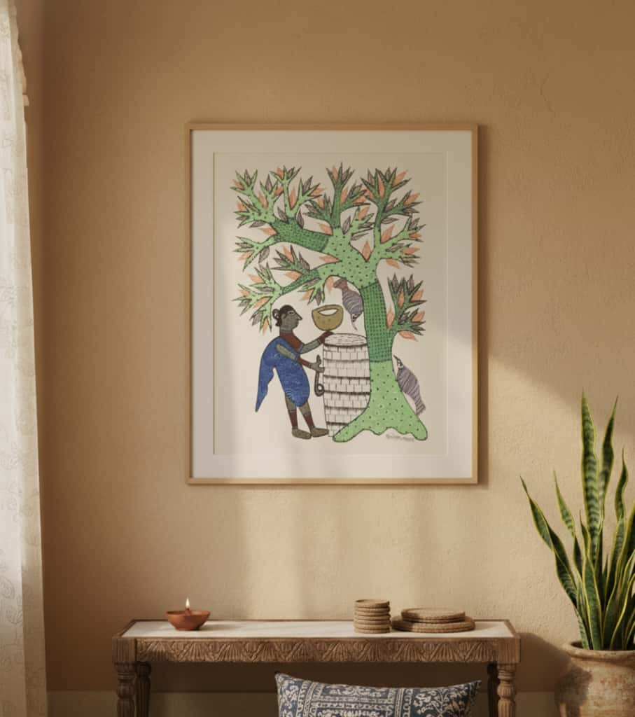 Authentic Gond Painting: "Tribal Figure, Water Source & Tree" | Premium Handmade Folk Art (11" x 15") | Indi Temptation
