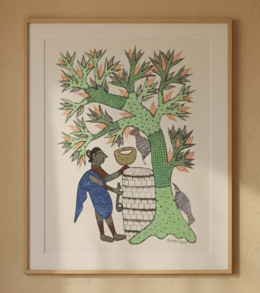 Authentic Gond Painting: "Tribal Figure, Water Source & Tree" | Premium Handmade Folk Art (11" x 15") | Indi Temptation