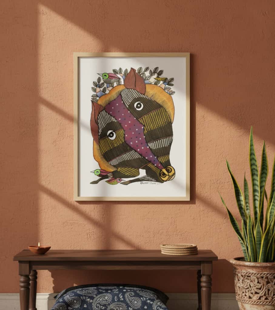 Authentic Gond Painting: "Tribal Life & Community Scene" (Forest Spirit) | Handmade Folk Art (11" x 15") | Indi Temptation