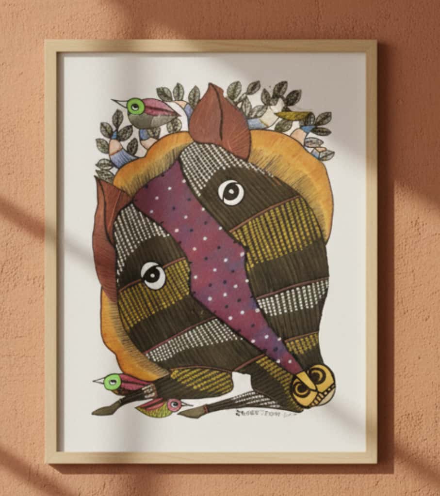 Authentic Gond Painting: "Tribal Life & Community Scene" (Forest Spirit) | Handmade Folk Art (11" x 15") | Indi Temptation