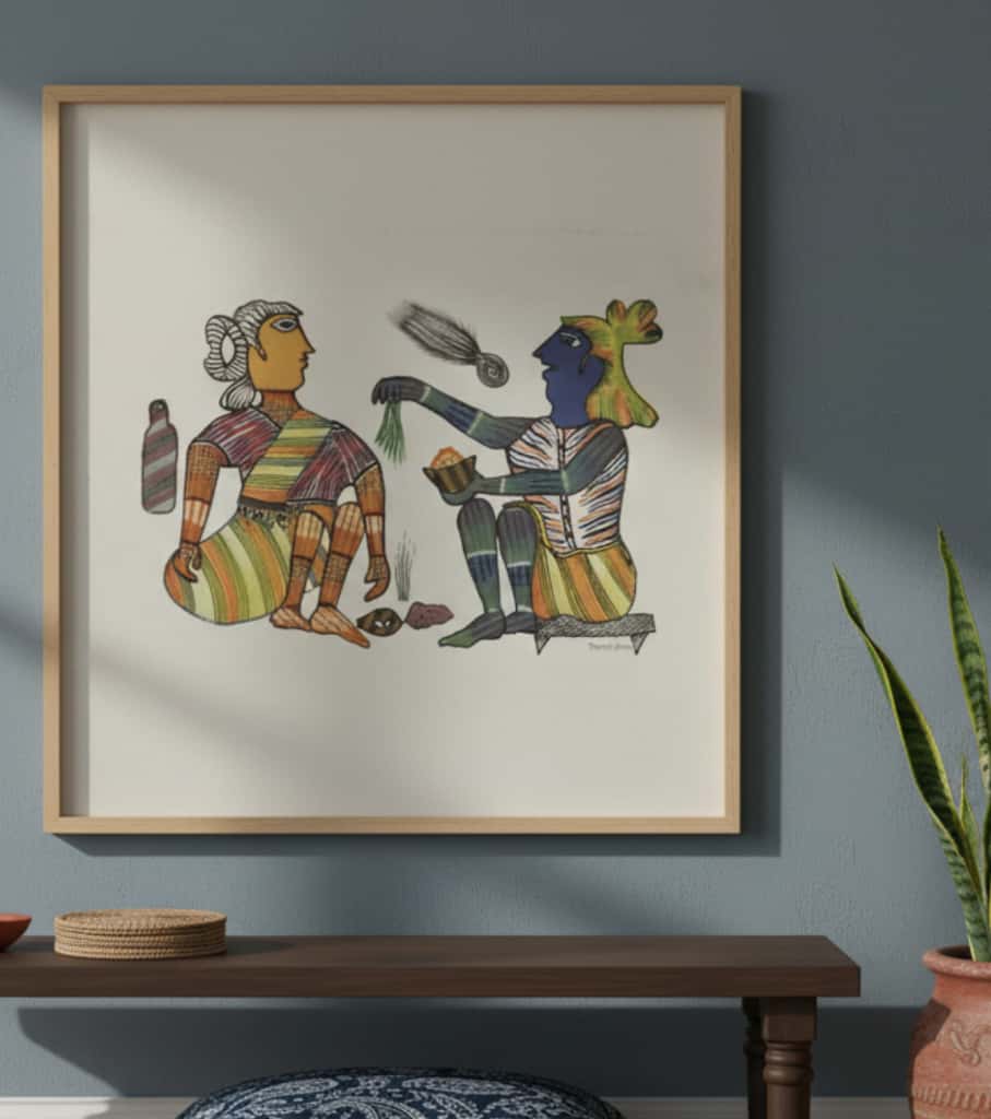 Authentic Gond Painting: "Tribal Life Scene" | Handmade Indian Folk Art (11" x 15") | Indi Temptation
