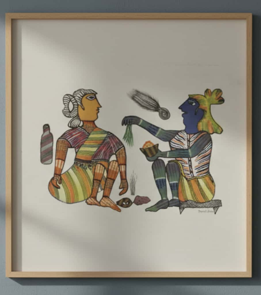 Authentic Gond Painting: "Tribal Life Scene" | Handmade Indian Folk Art (11" x 15") | Indi Temptation