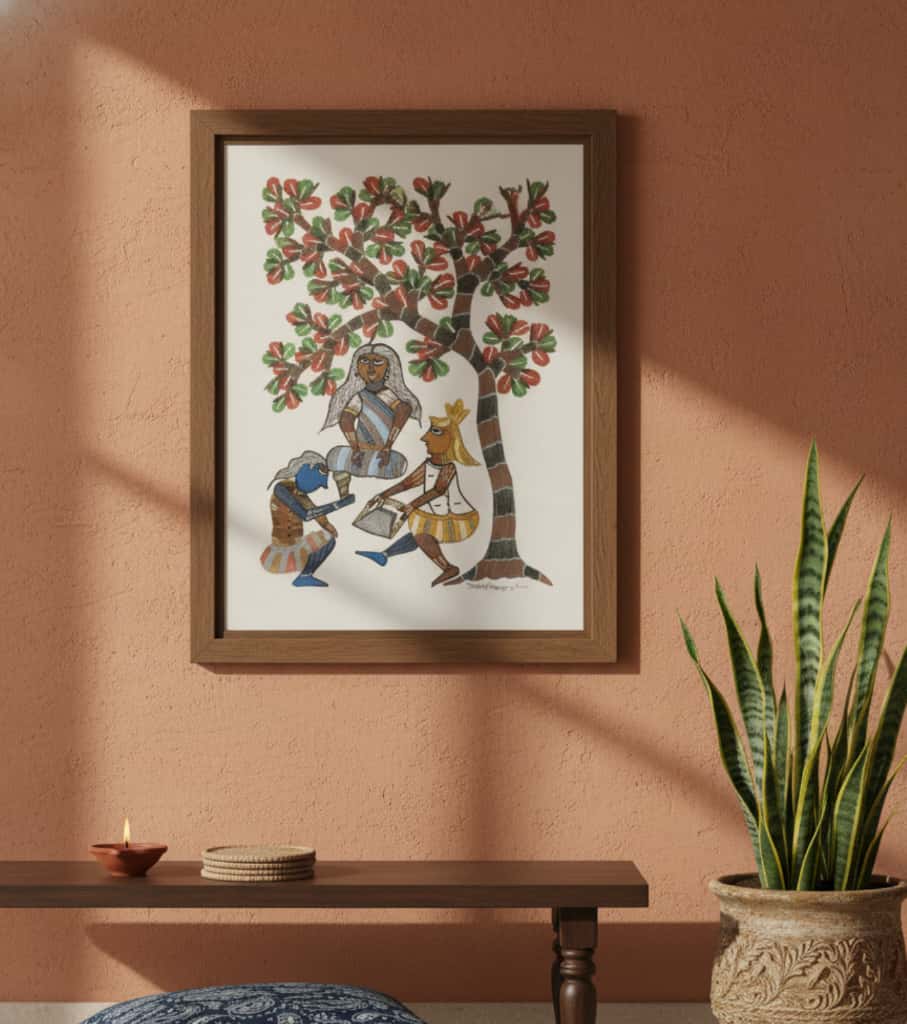 Authentic Gond Painting: "Tribal Storytelling Scene Under a Tree" | Premium Handmade Folk Art (11" x 15") | Indi Temptation